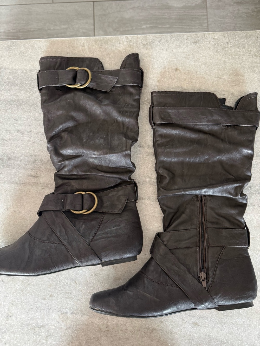 Women's Dark Brown Mid-Calf slouchy Riding Boots with Buckle Detail